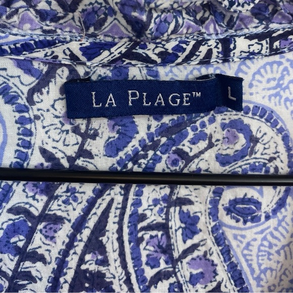La Plage Blue White Paisley Ruffle Neckline Dress with Pockets Size Large - Picture 6 of 8